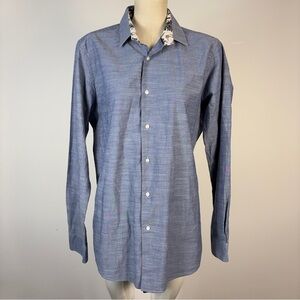 Le31 Simons Slim Elegant Blue Casual Button Down Shirt with Floral Collar 16R